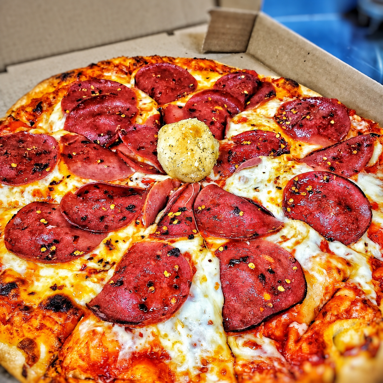 Meat Lovers pizza with golden cheese and halal pepperoni